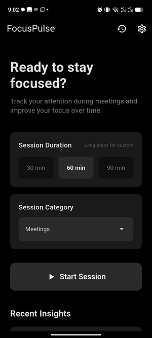 FocusPulse home screen